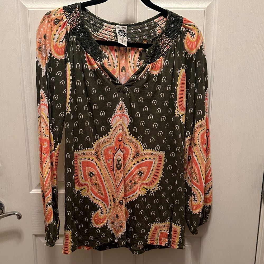 Lucky Brand Olive Green and Orange Bohemian Blouse, Boho style.
